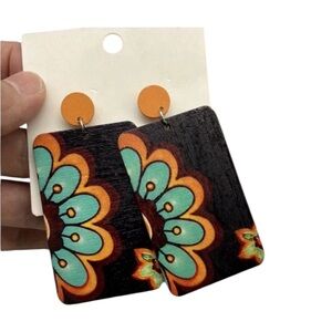 Orange and Blue Floral Wooden Earrings